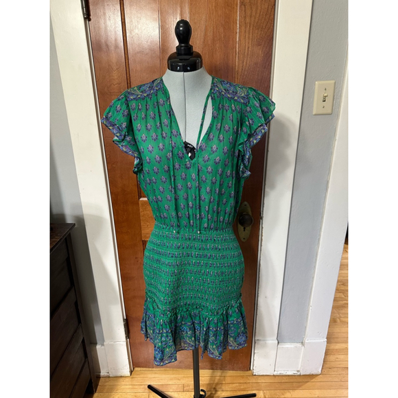 NWT Veronica Beard Brindelle Smocked Mini Dress Kelly Green Multi Size 6 - Picture 1 of 5